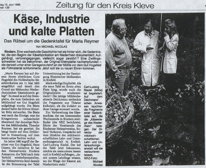 Käse, Industrie und kalte Platten, Das Rätsel um die Gedenktafel von Maria Reymer, Neue Rhein Zeitung vom 16.06.98