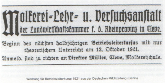 Werbung für Betriebsleiterkurse 1921 aus der Deutschen Milchzeitung, Berlin