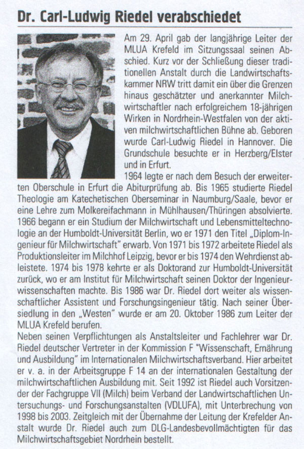 Dr. Carl-Ludwig Riedel verabschiedet, Deutsche Milchwirtschaft, 09/2005