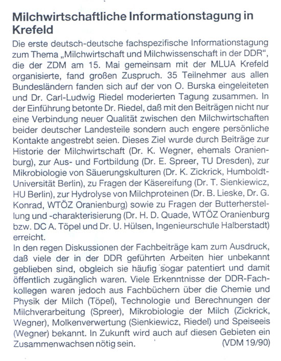 MLUA Krefeld: Milchwirtschaft und Milchwissenschaft in der DDR -   Informationstagung am 15.06.1990 in Krefeld