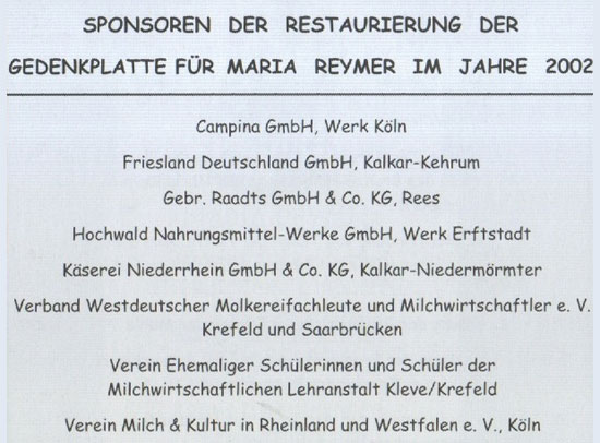 Sponsoren der Restaurierung der Gedenkplatte für Maria Reymer im Jahre 2002